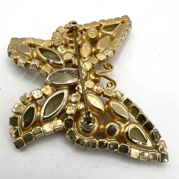 Weiss Signed Butterfly Brooch Aurora Borealis Citrine and Gold Colored Rhineston - Picture 10 of 11